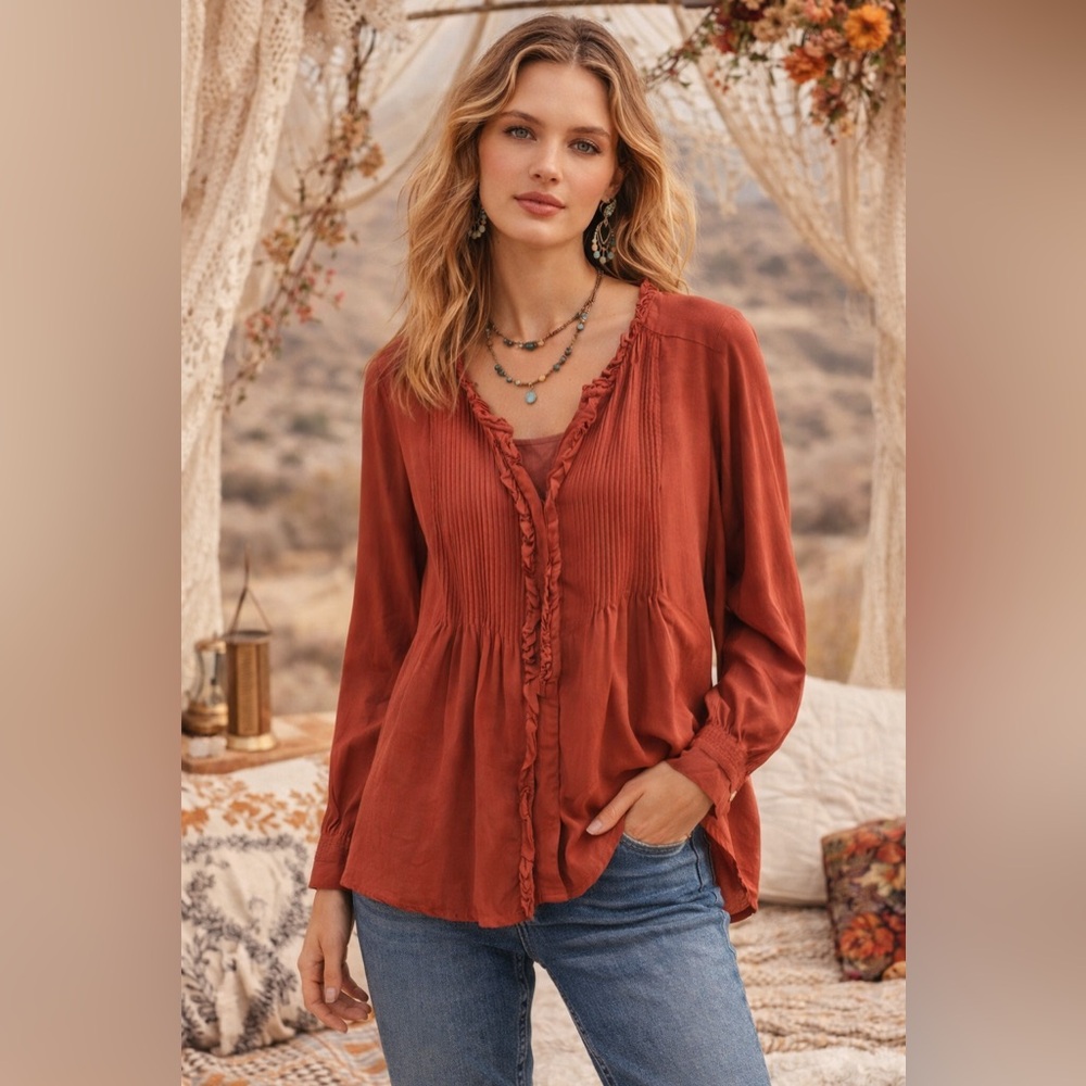 Sundance Terracotta Rust Ruffle Pleated Blouse XS Boho Peasant Top